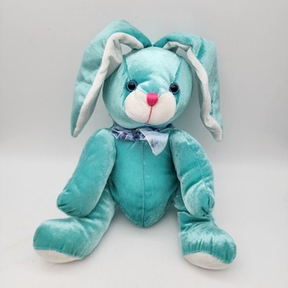 Vintage Dan Dee Blue Velour Bunny Rabbit Plush 9" Bendable Ears Stuffed Animal